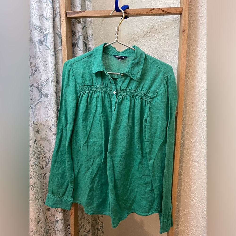 Lands End 100% Linen Tunic Top Knit Collar Oversized  Green Med